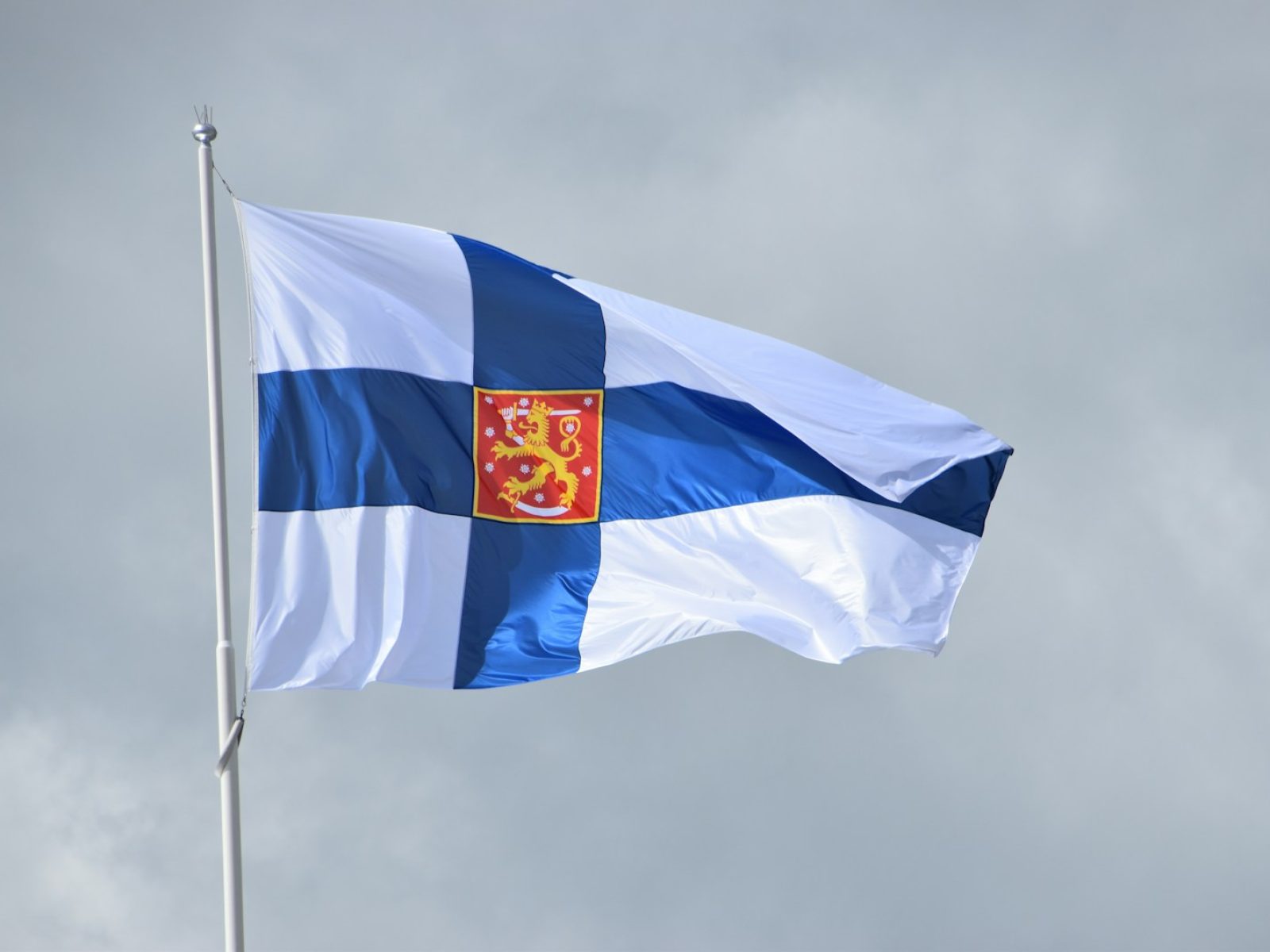 a blue and white flag flying in the wind